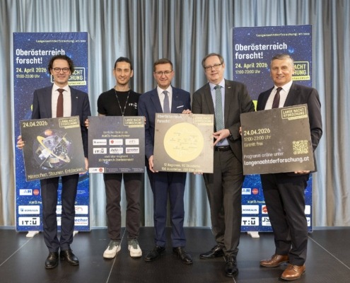 Fünf Herren stehen vor einem großen Vorhang. Die Herren tragen Anzüge und halten 5 große Poster in der Hand.