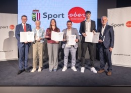 Wirtschafts- und Sport-Landesrat Markus Achleitner und Peter Reichl, Vorsitzender der Landessportorganisation, mit ausgezeichneten Persönlichkeiten aus dem oö. Sport, v.l.: LR Markus Achleitner, Elisabeth Schmied (Union Ebensee), Laura Eitzinger (ATSV Lenzing), Peter Zauner (ASKÖ Traun & OÖ-Badmintonverband), Tobias Tischberger (Linz AG Froschberg) und Peter Reichl.